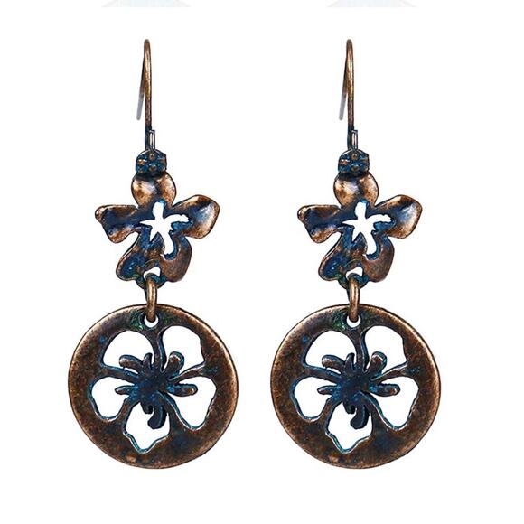 Boho Patina Flower Drop Earrings - Picture 1 of 1